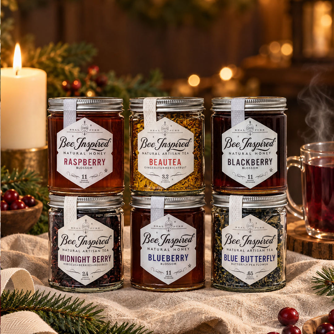 bee inspired berry delicious holiday gift set with tea cup and xmas decorations