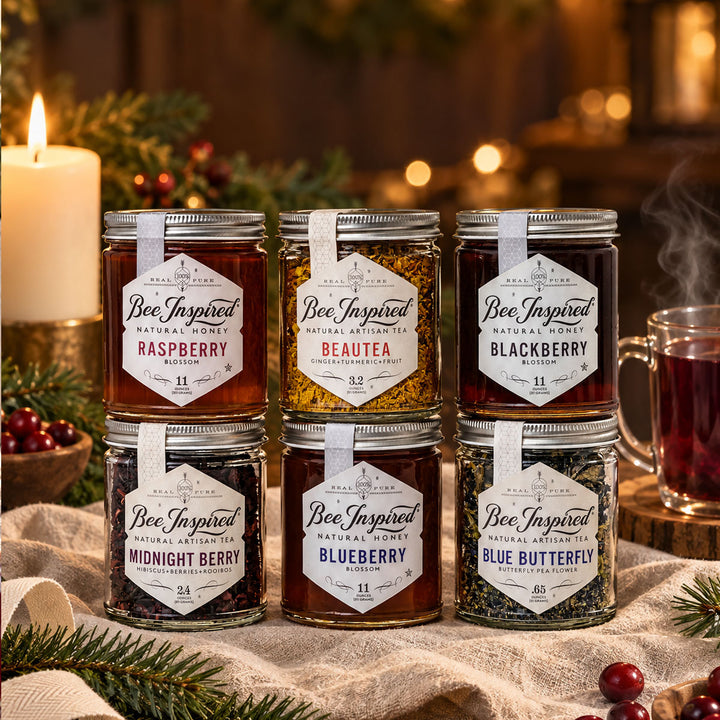 bee inspired berry delicious holiday gift set with tea cup and xmas decorations