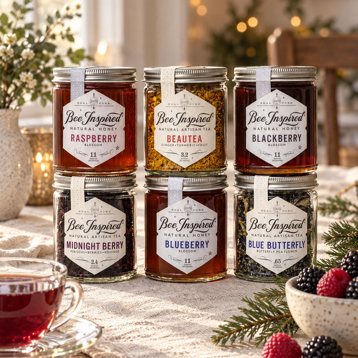 bee inspired berry delicious holiday gift set with tea cup and xmas decorations daylight