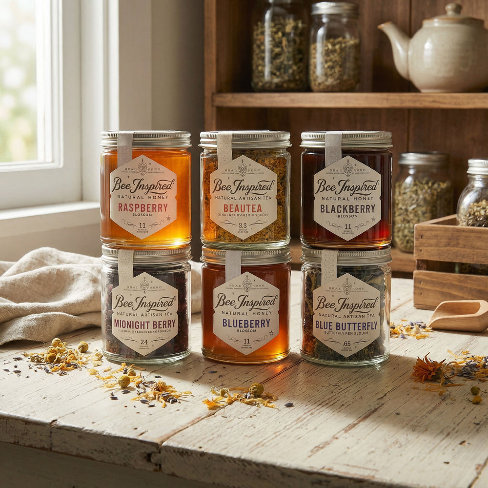 Jars of Bee Inspired honey on a wooden surface with a window and shelves in the background.