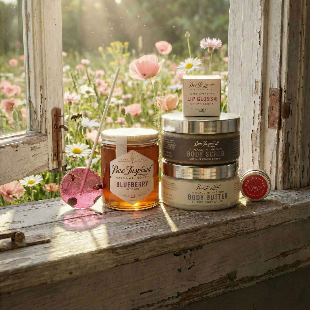 Bee Inspired Berry Lovers Gift  on a windowsill with flowers outside.