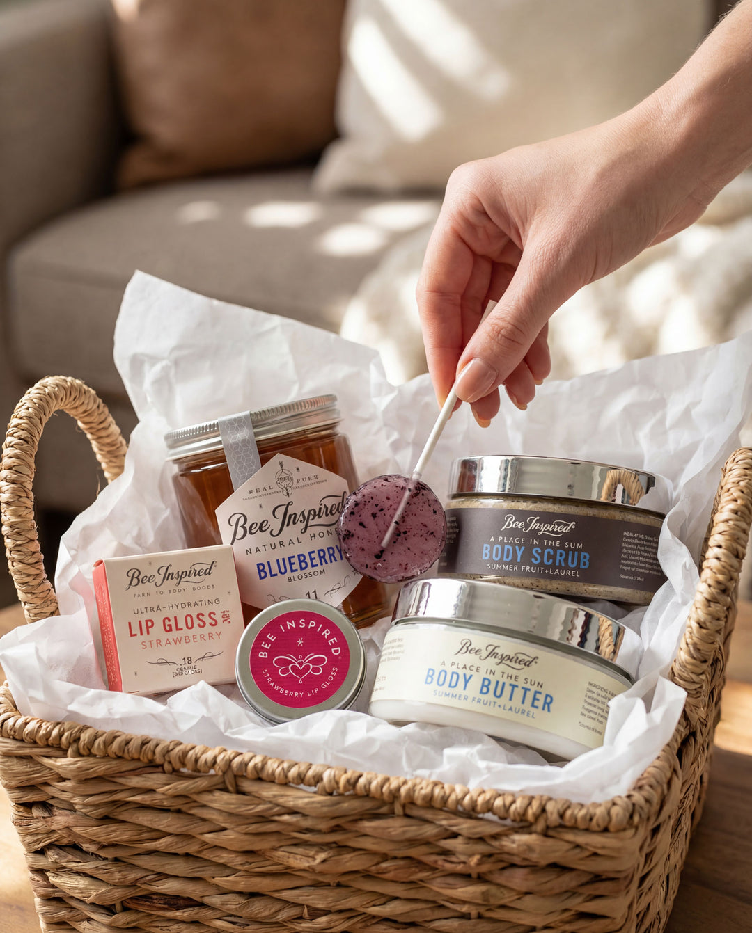 sun scrub and butter and strawberry lip gloss, blueberry honey and a blueberry lollipop