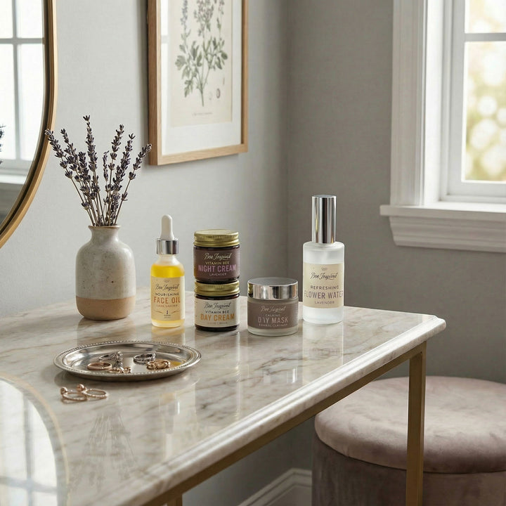 Bee Inspired Best Face Foward Set on a marble vanity with a neutral background

