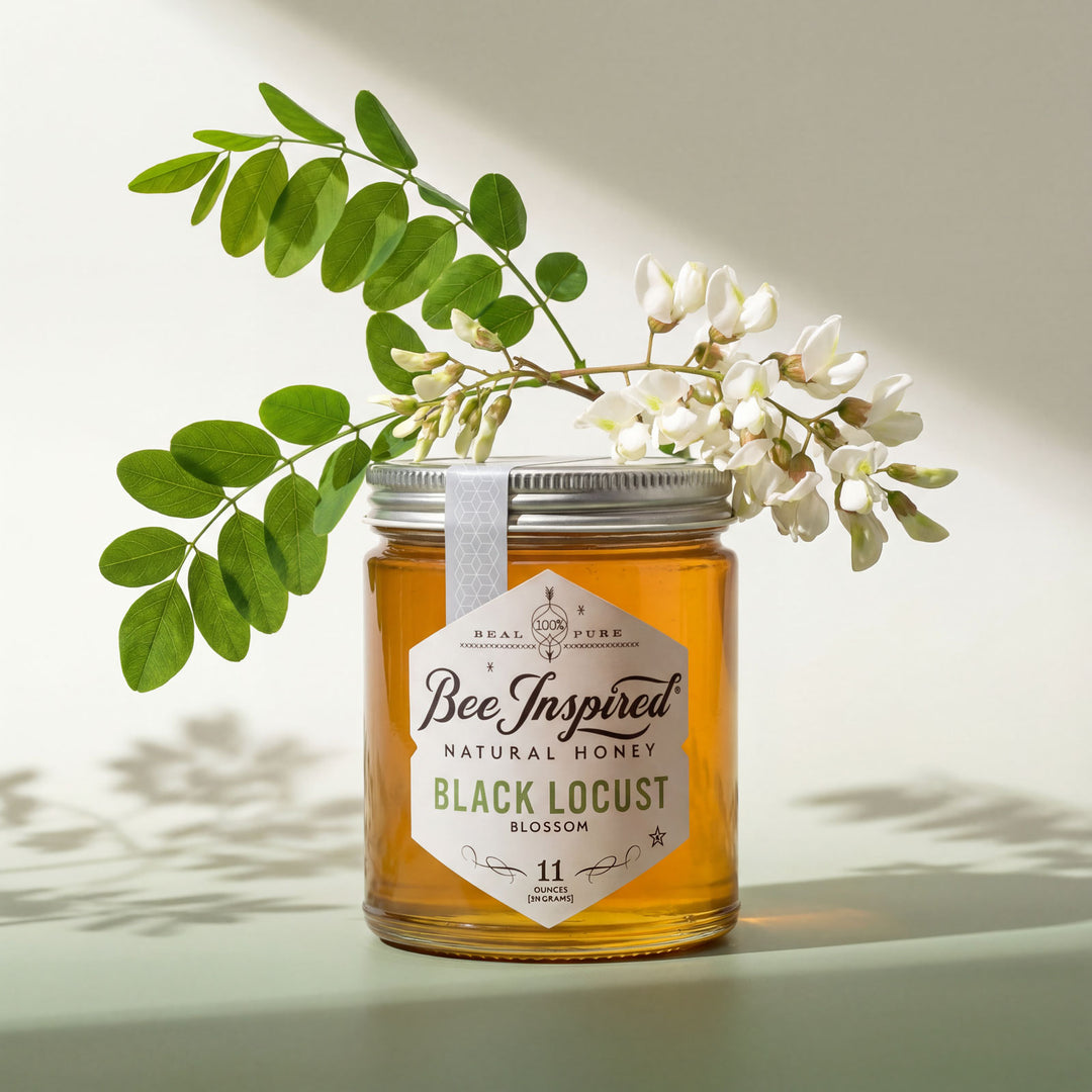 Jar of Bee Inspired honey with a floral branch on a light background