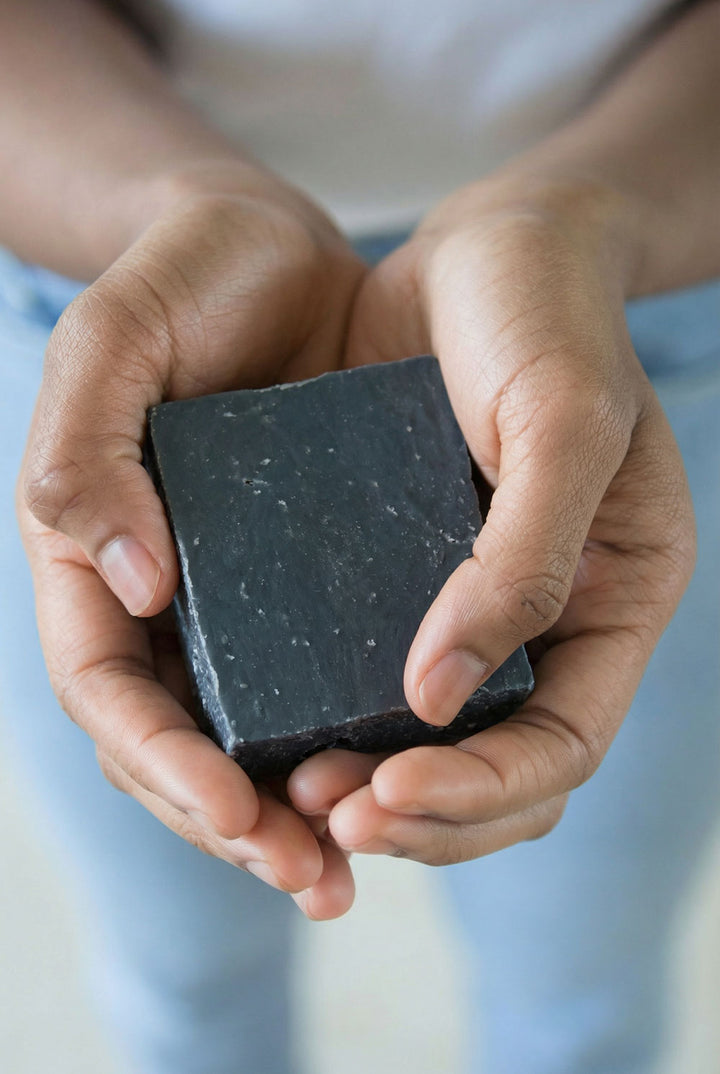 Person holding a block of dark soap in their hands