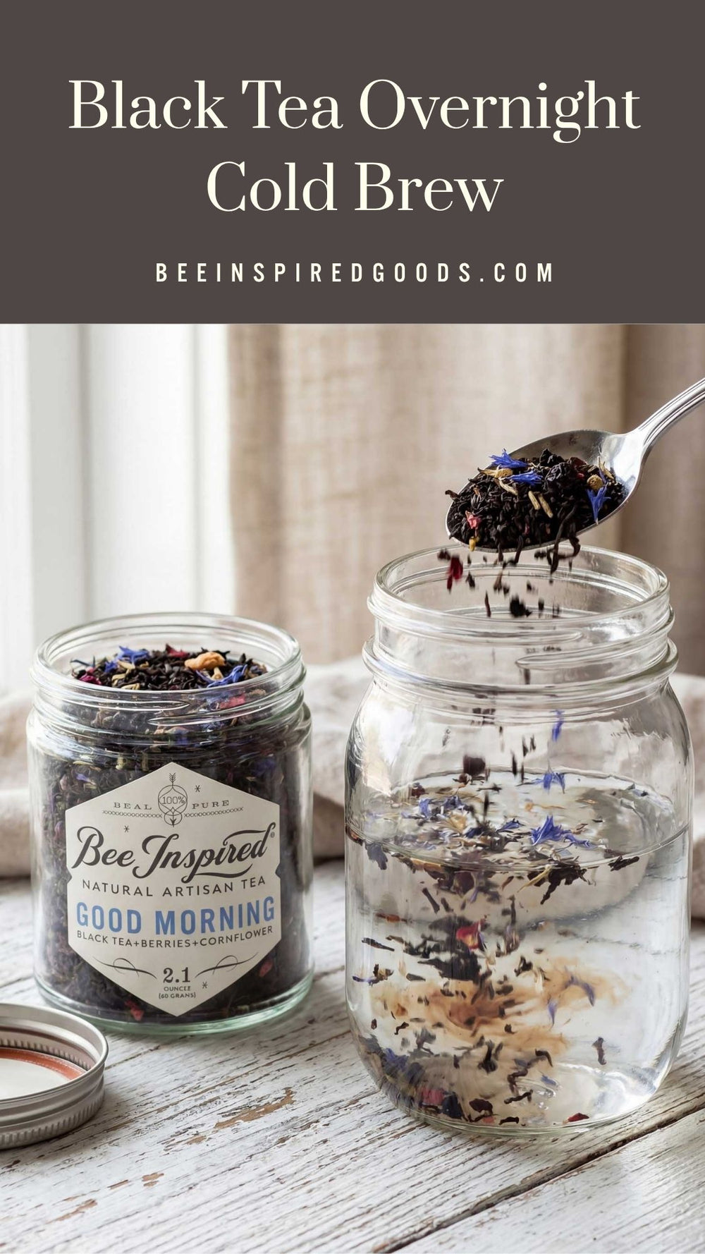 Two jars with tea leaves and a spoon, with text about black tea overnight cold brew.