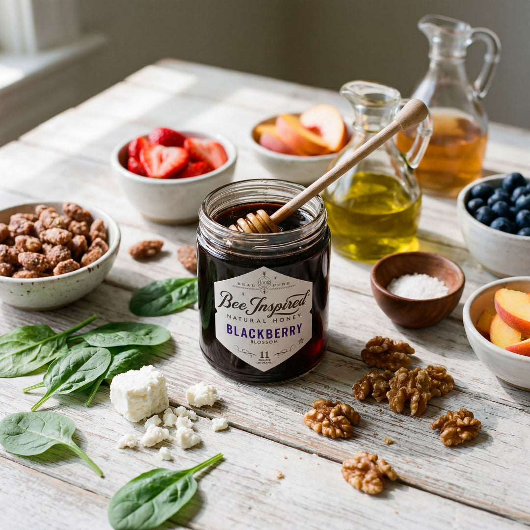 Jar of Bee Inspired Blackberry honey on a wooden table with fruits and nuts.