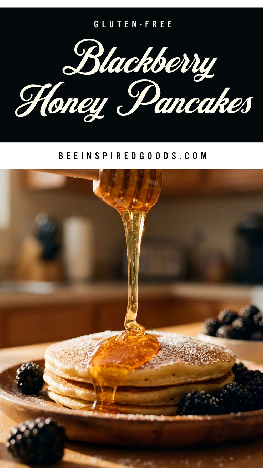 Gluten-free blackberry honey pancakes with syrup being poured over them on a wooden plate.
