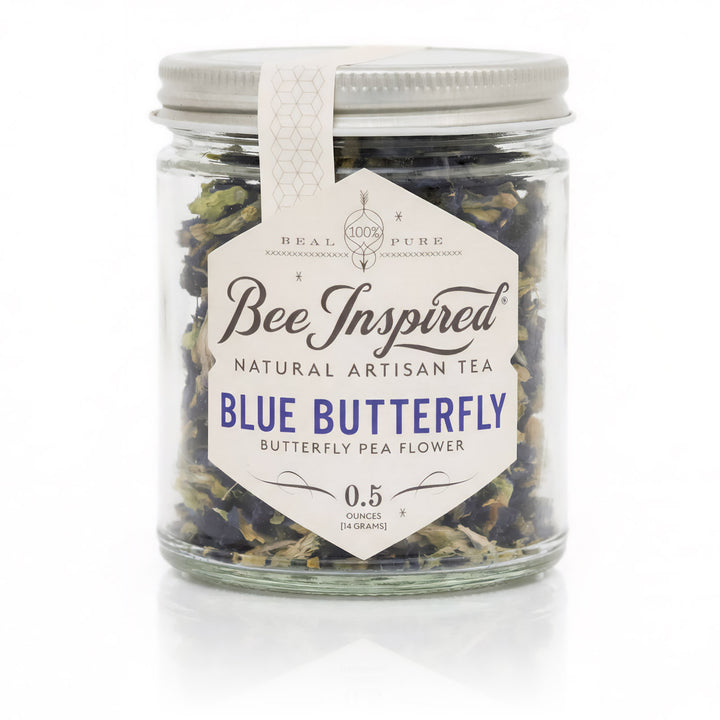 Jar of 'Blue Butterfly' tea with a 'Bee Inspired' label on a white background