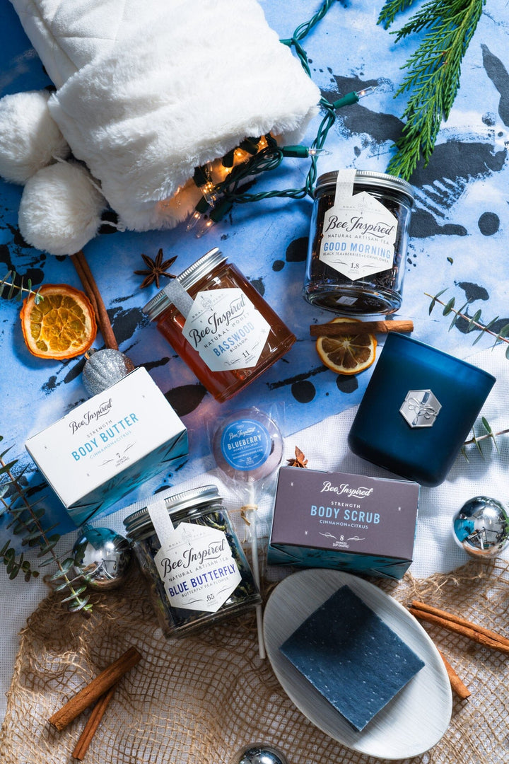 blue holiday set featuring sea salt and black clay bar soap