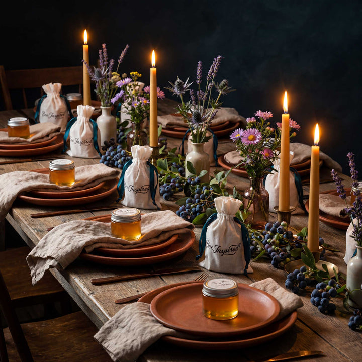 Decorative table setting with candles, honey jars, and flowers on a wooden table.
