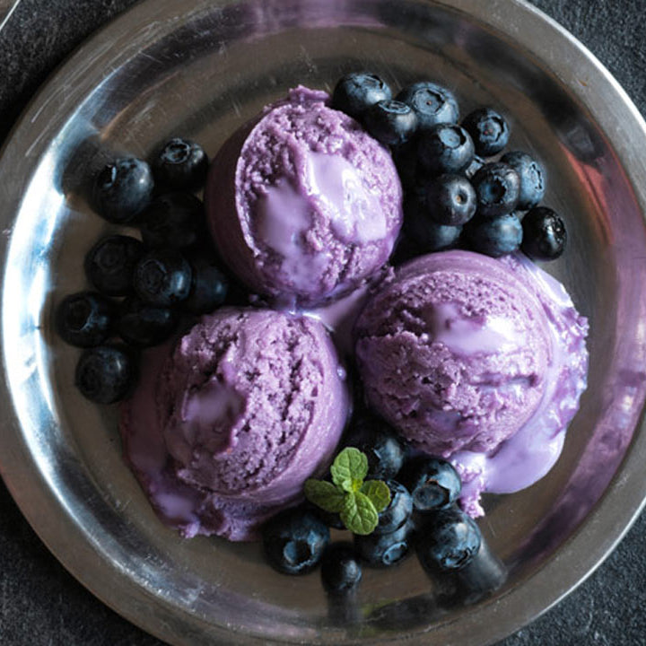 overhead of blueberry ice cream plated with blueberries