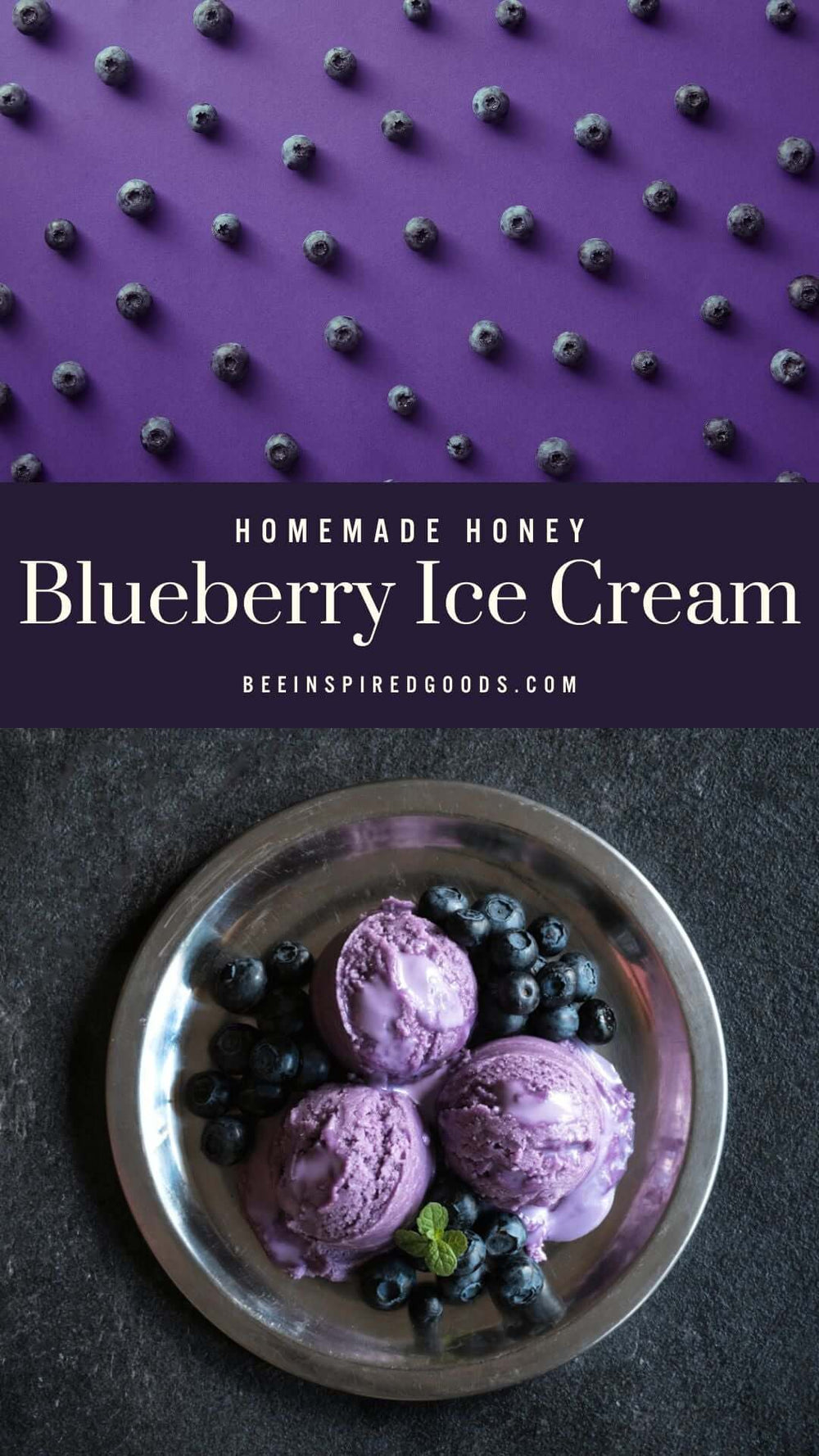 blueberries spread on a purple background and blue ice cream and blueberries in a metal bowl