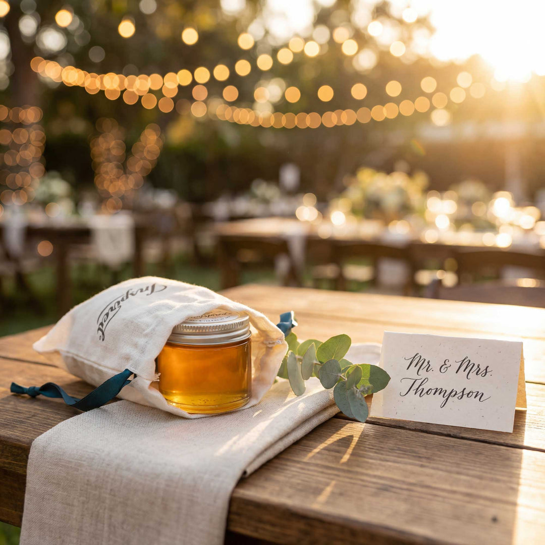 Jar of honey on a wooden table with a decorative card and eucalyptus leaves, set against a blurred outdoor background with string lights.