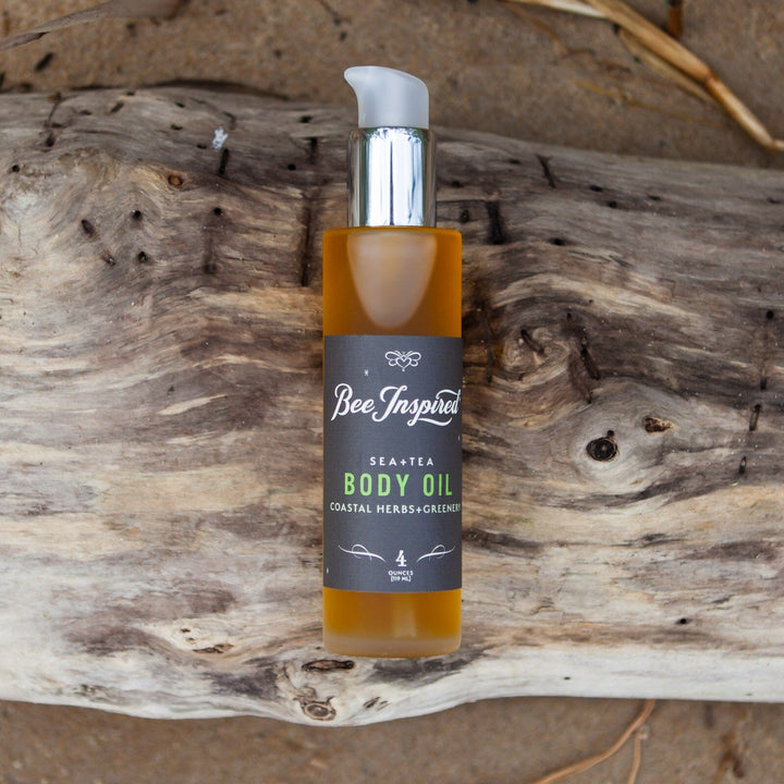 Sea+Tea Body Oil on drift wood