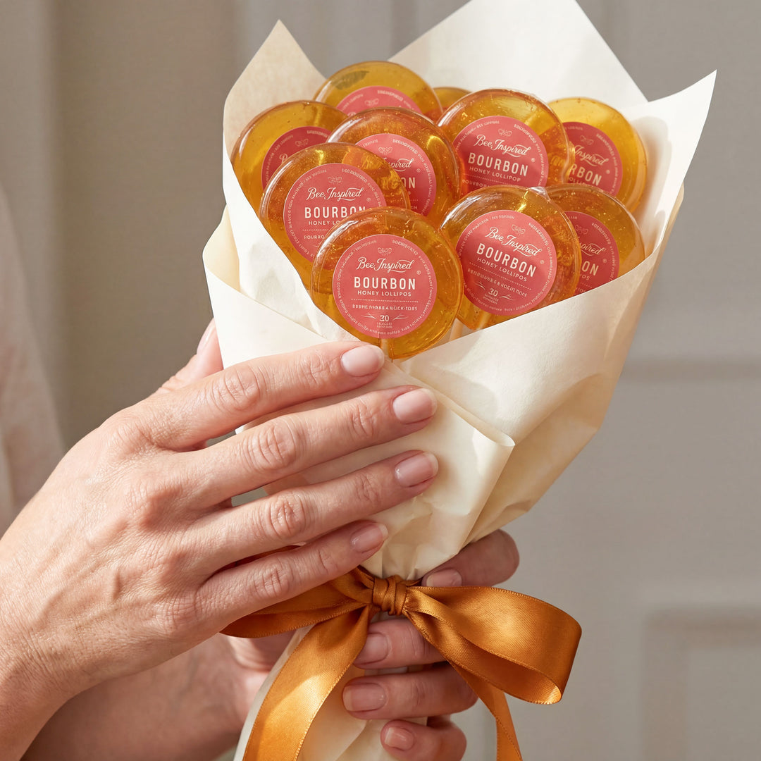 Bouquet of bourbon-flavored candies held by a hand with a gold ribbon.