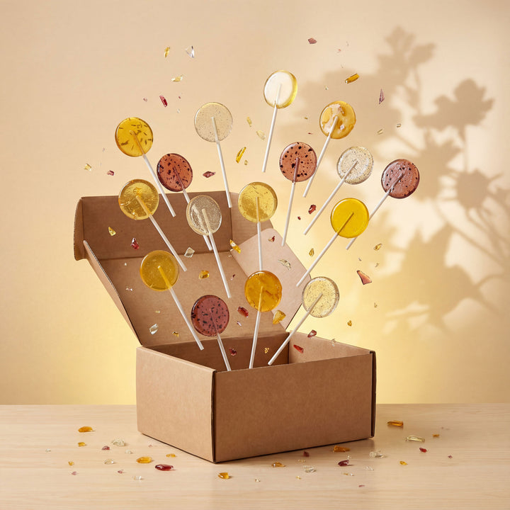Open cardboard box with lollipop-shaped candies on sticks against a beige background