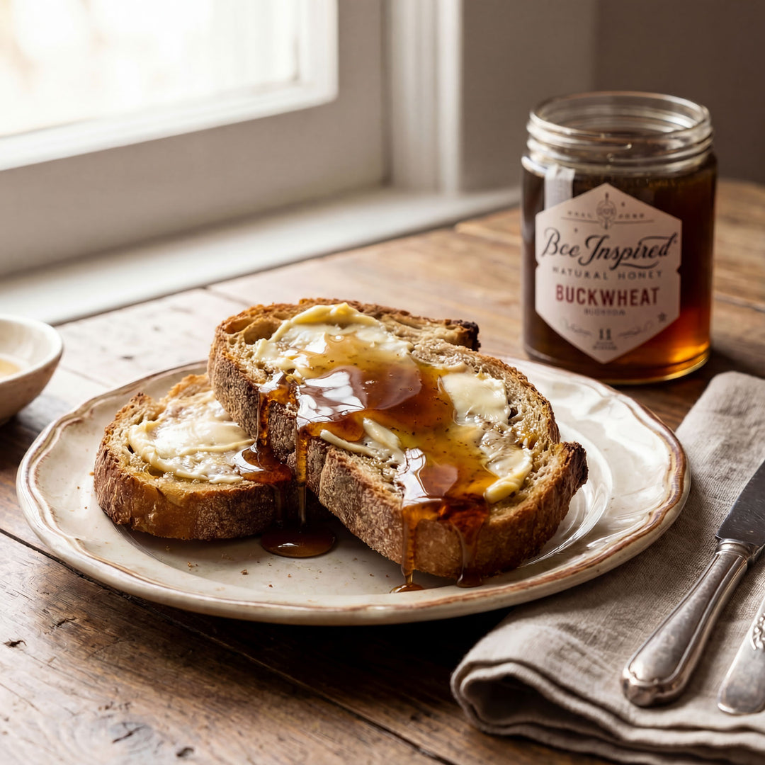 Two slices of toast with honey on a plate next to a jar of honey labeled 'Bee Inspired'.