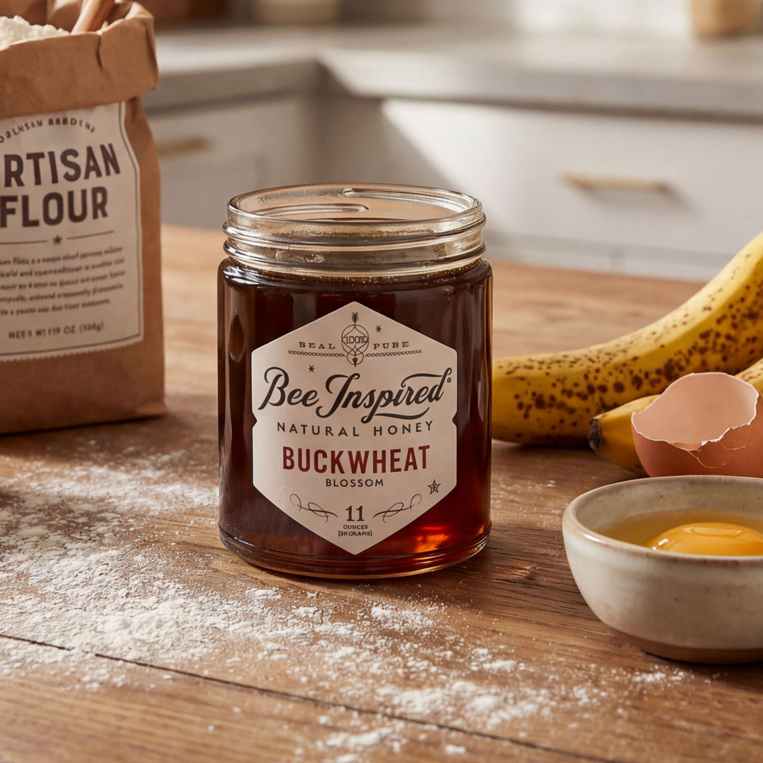Jar of Bee Inspired honey on a kitchen counter with flour, eggs, and bananas.