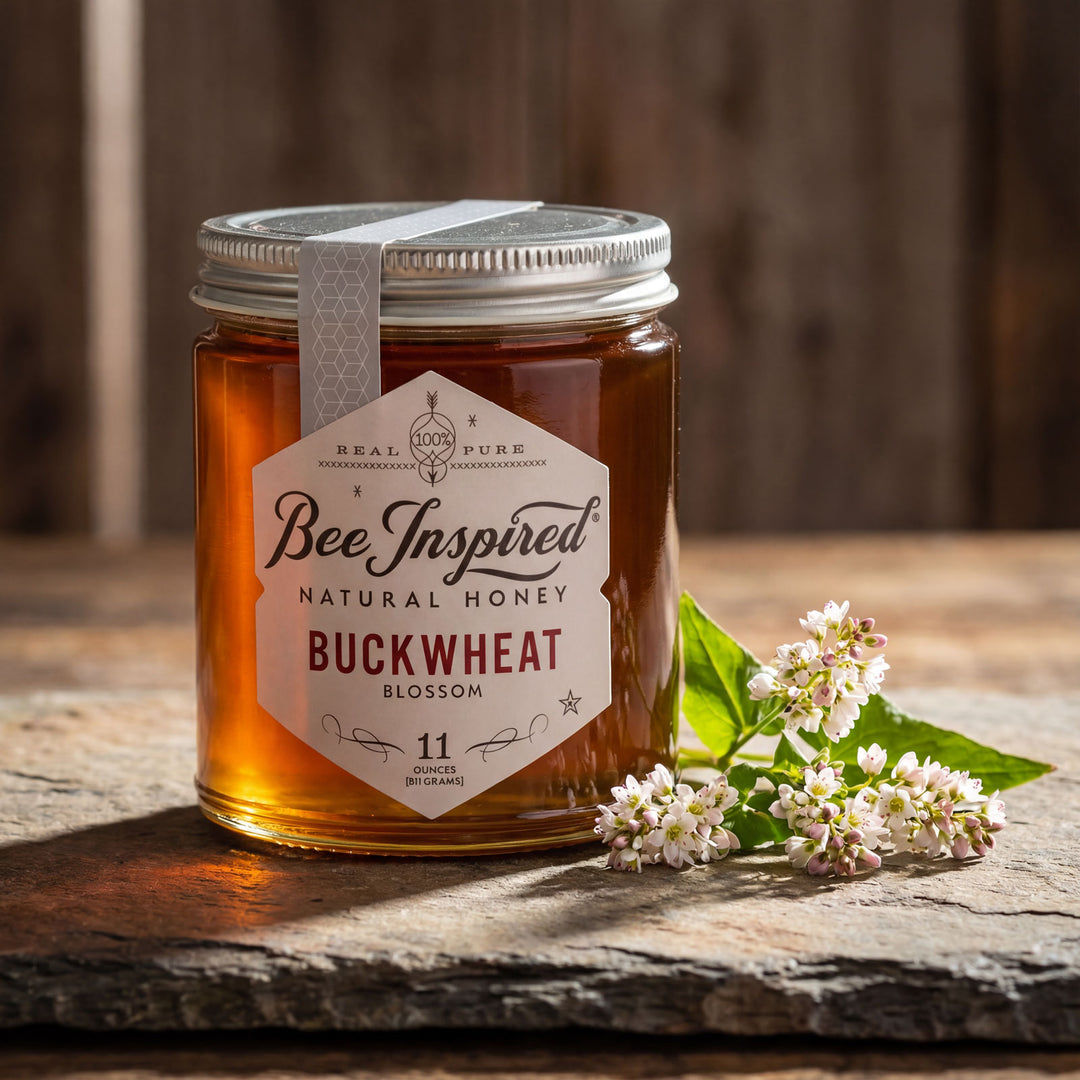 Jar of Bee Inspired natural honey with flowers on a wooden surface