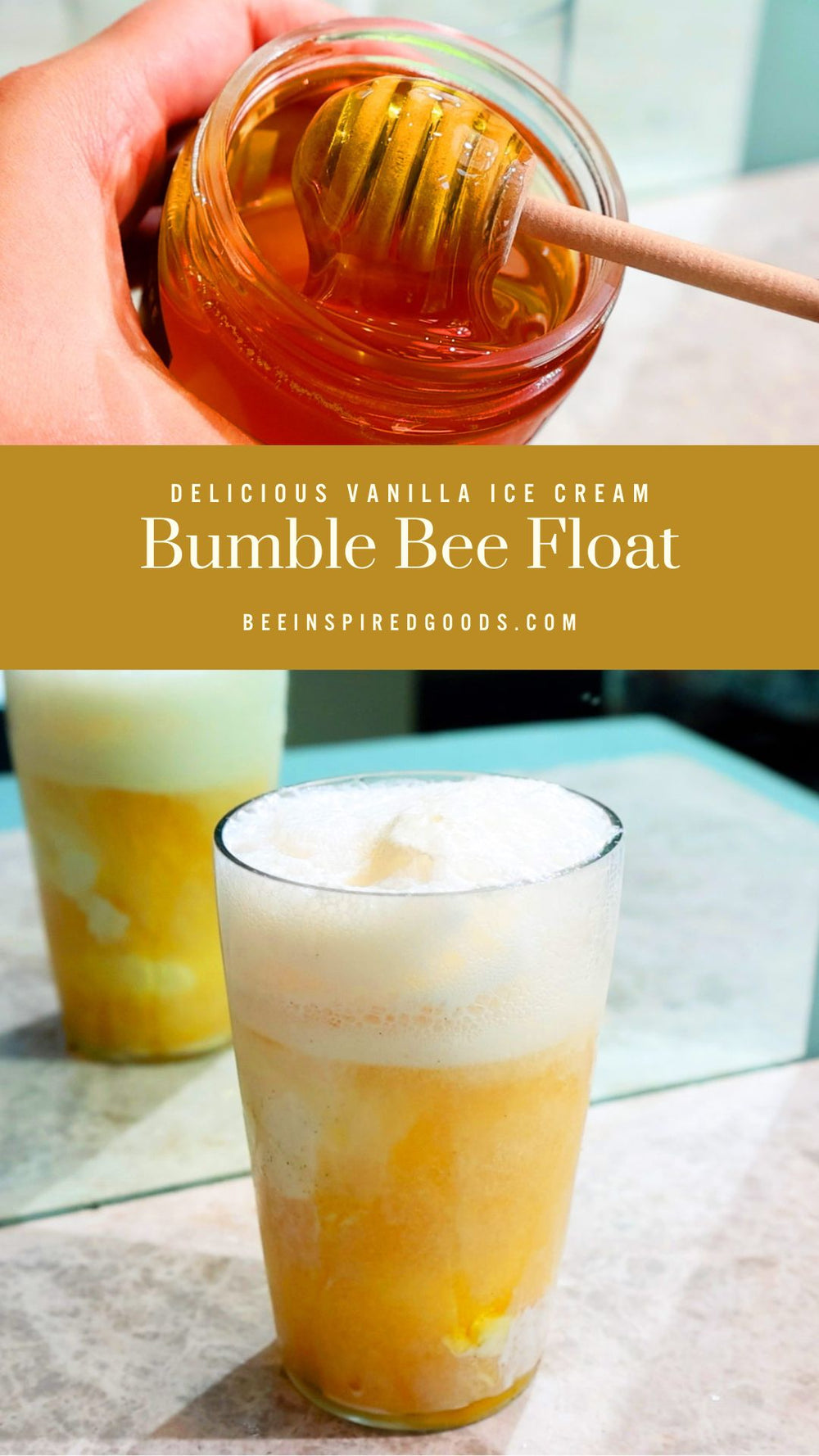 Bumble Bee Float with vanilla ice cream and honeycomb, featuring text about the dessert.