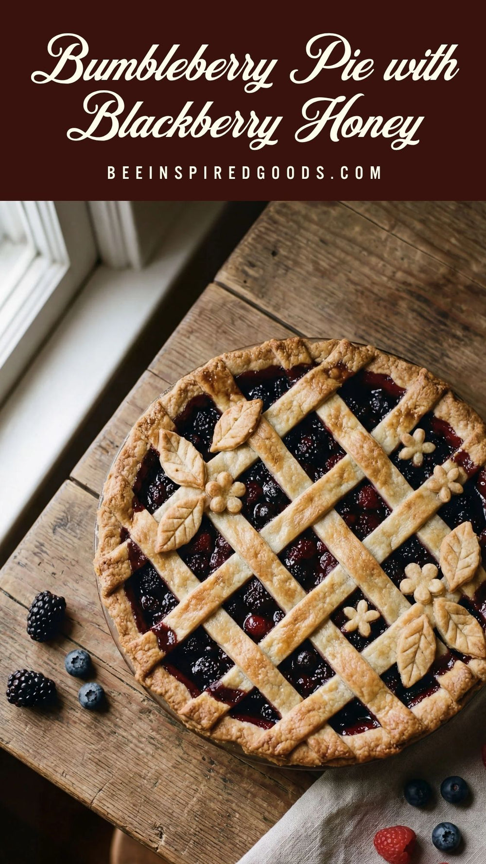 Bumbleberry pie with lattice crust on a wooden surface, surrounded by berries.