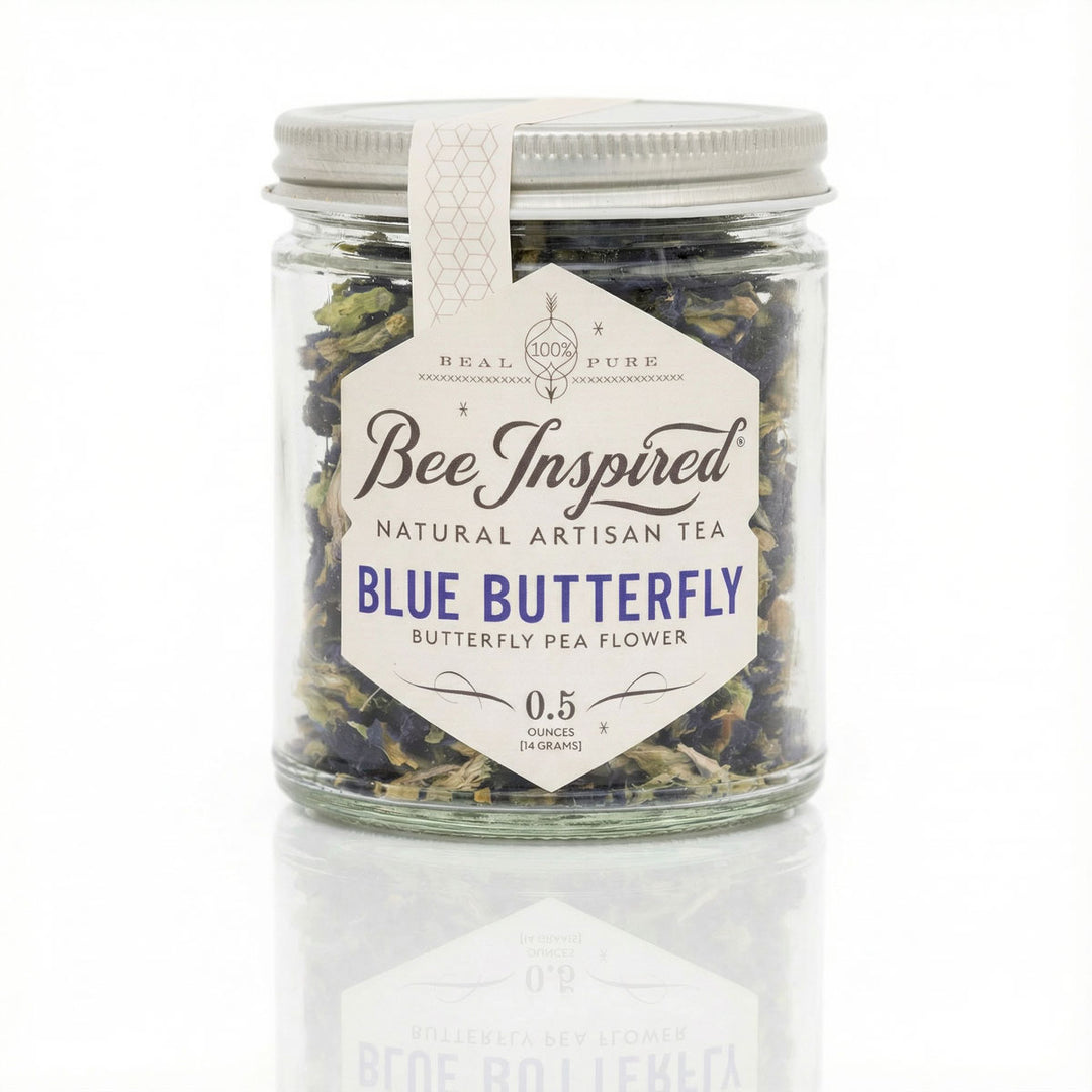 Jar of 'Blue Butterfly' tea with a label on a white background