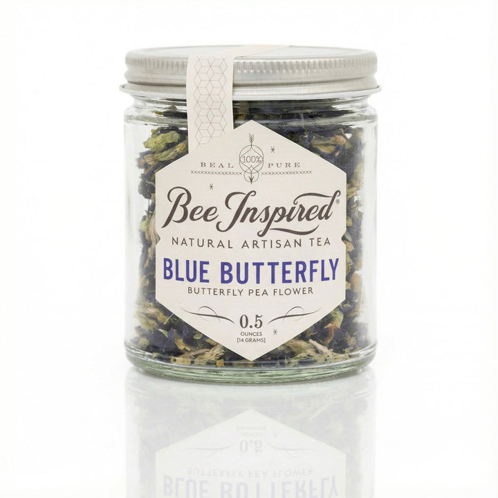 Jar of 'Blue Butterfly' tea with a label on a white background