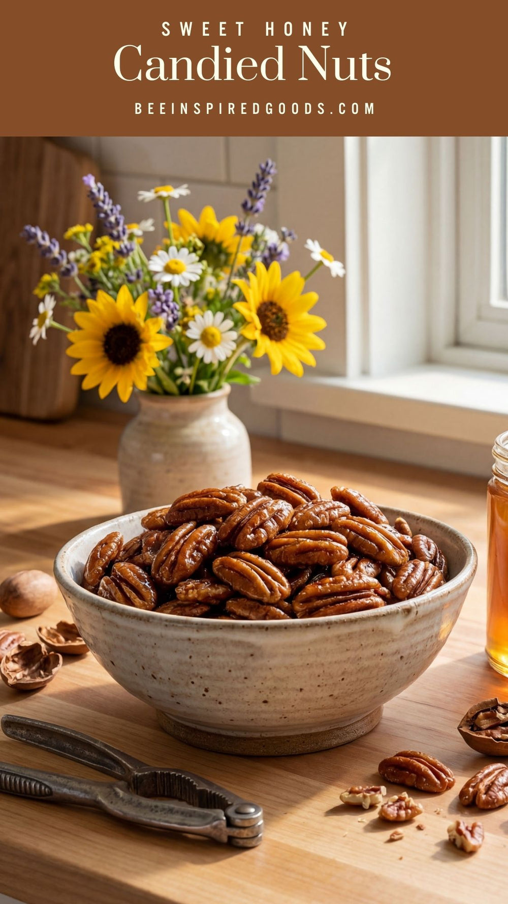 Bowl of candied nuts on a wooden table with a vase of sunflowers and honey.