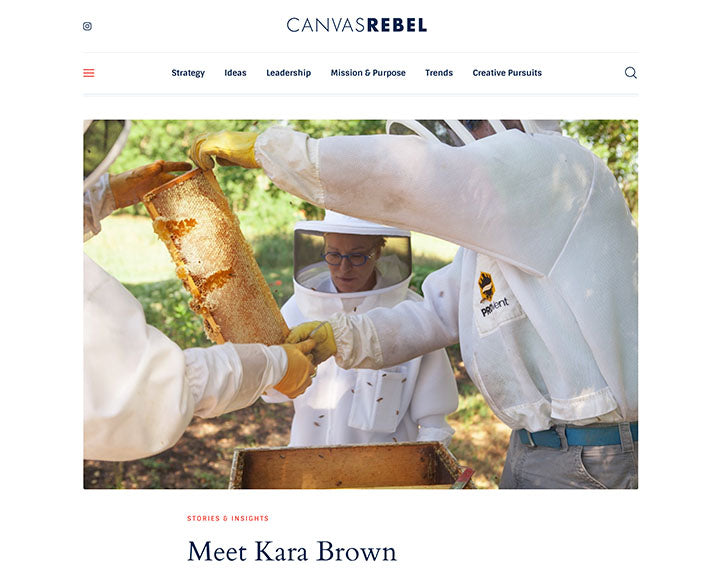 "Meet Kara Brown" Canvas Rebel article featuring Kara in her beekeeping suit next to a hive box 