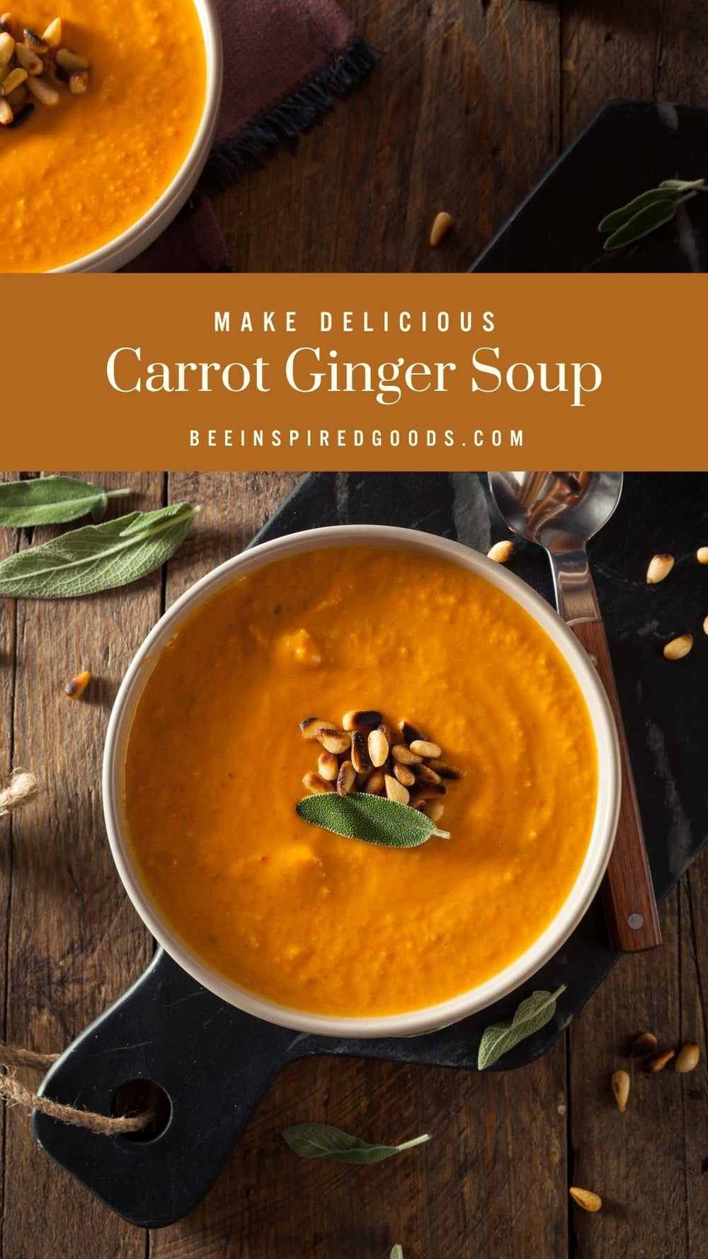 Carrot ginger soup in a bowl on a wooden table with text overlay.