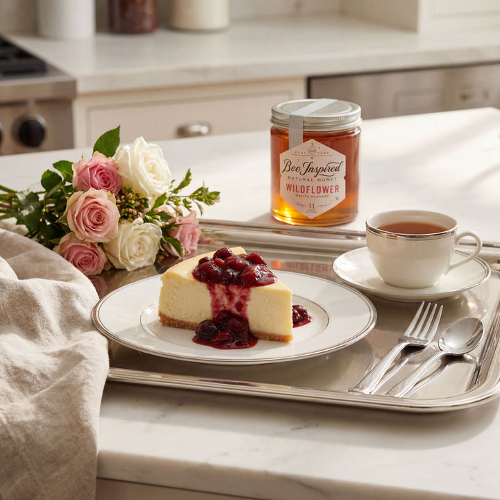 Slice of cheesecake with berry sauce on a plate, accompanied by a cup of tea, jar of honey, and flowers on a kitchen counter.