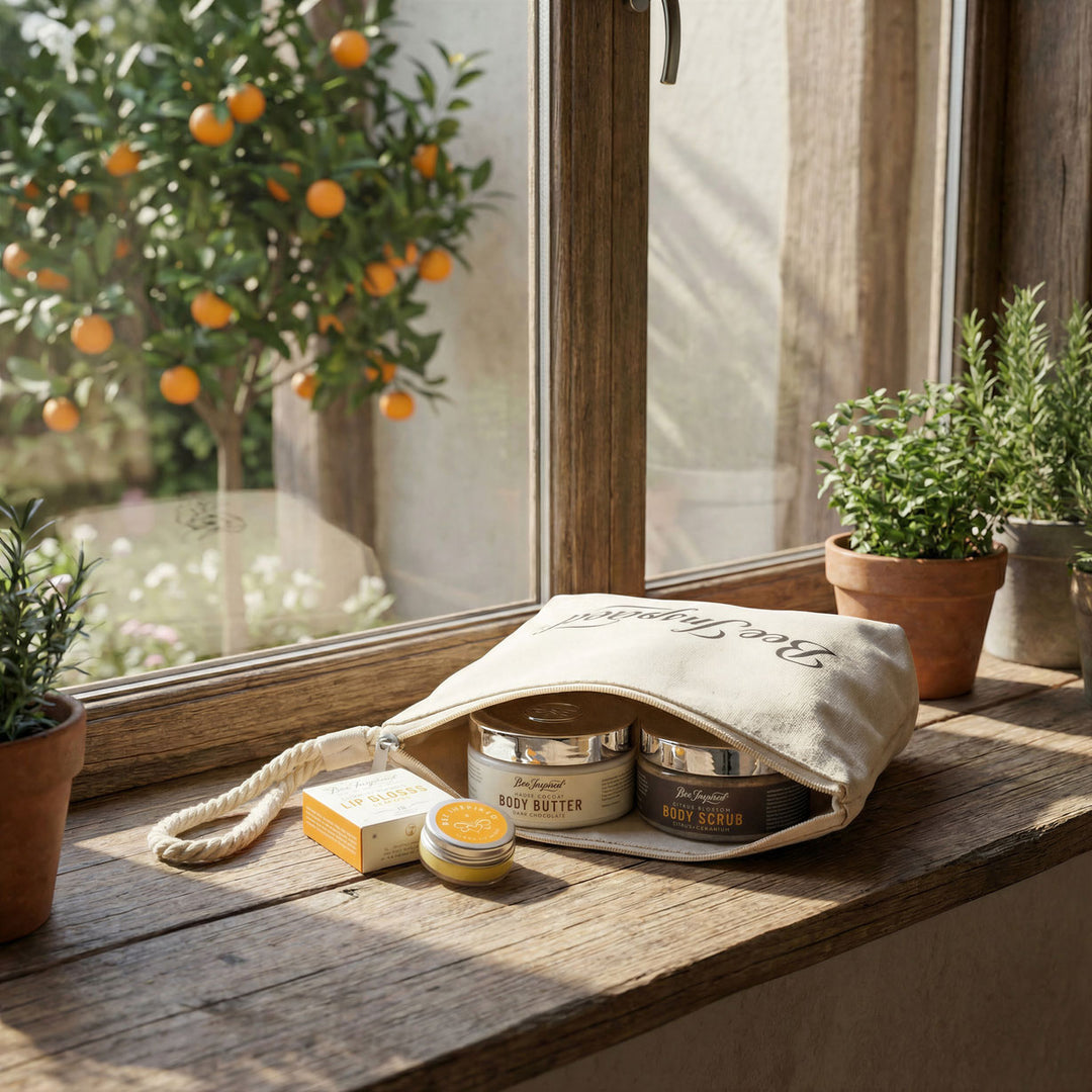 Bee Inspired Chocolate covered citrus gift on windowsill with orange tree in distance