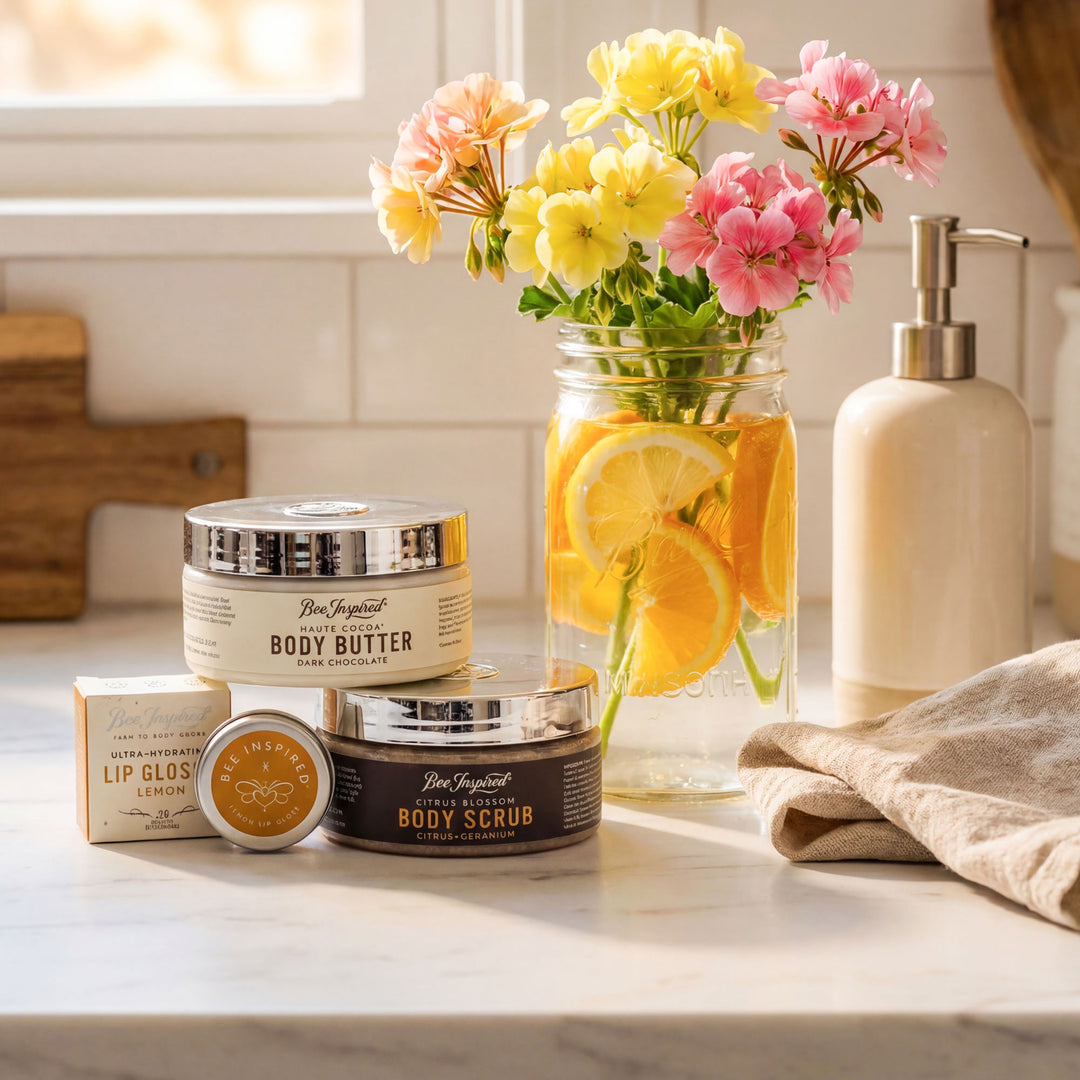Cosmetic products including body butter, scrub, and lip gloss on a marble surface with flowers in the background.