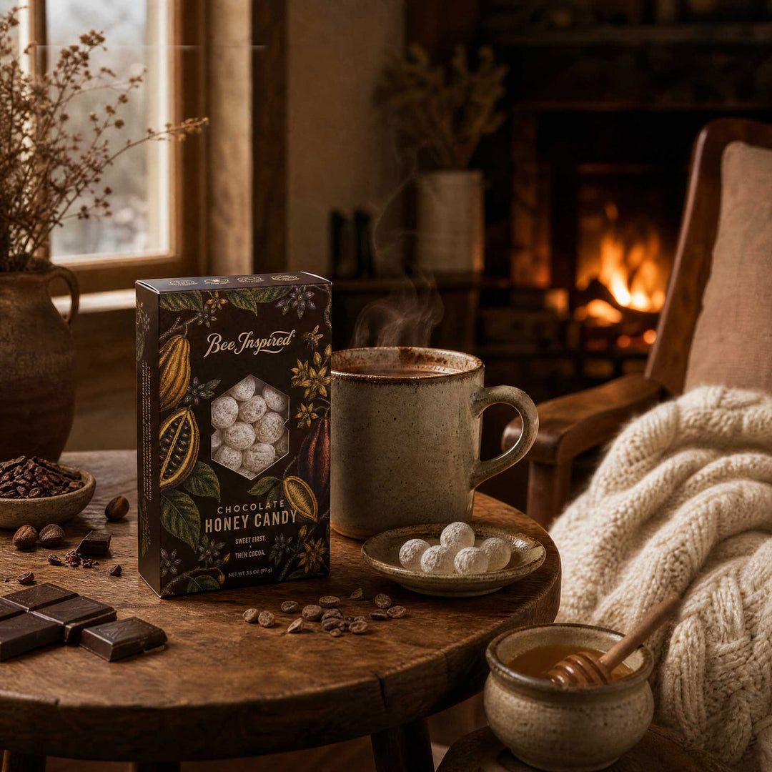 A box of Chocolate Honey Candy stands on a rustic wooden table beside a steaming mug, small plates with candied fruit, chocolate pieces, and a cozy fireplace scene in the background.