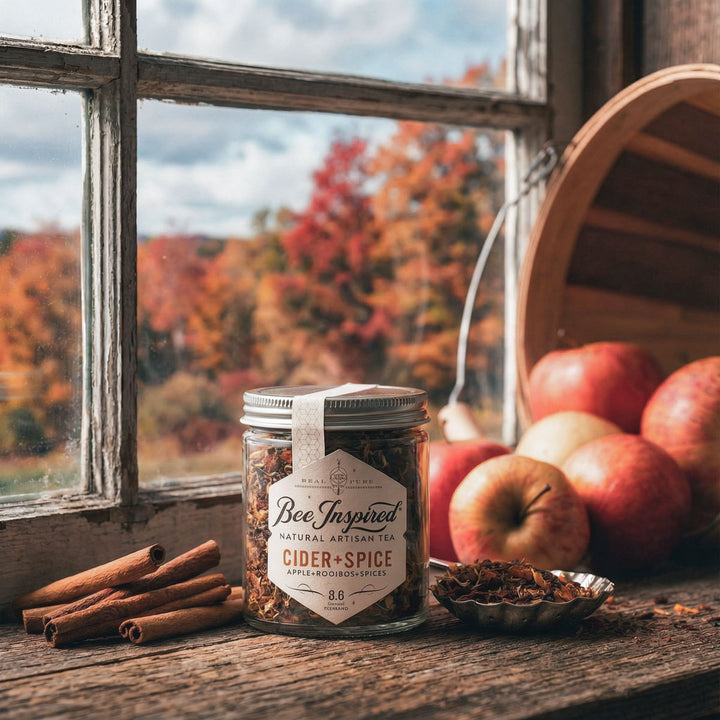 Jar of 'Bee Inspired' cider-spice tea on a wooden surface with apples and cinnamon sticks, autumn view through window.