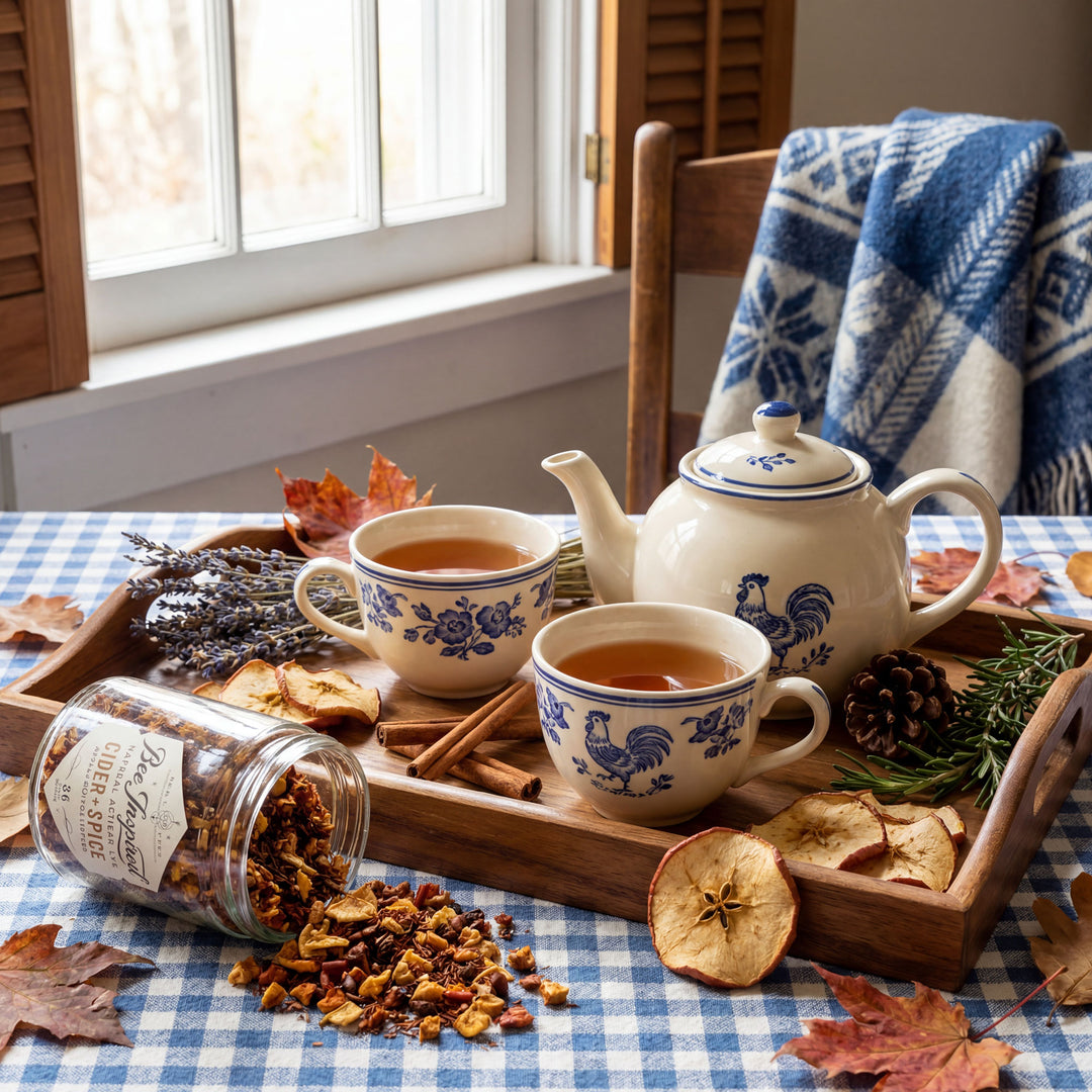 Tea set with teapot and cups on a wooden tray with fall decorations on a table.
