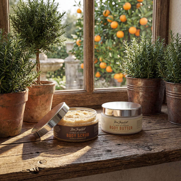 Two containers of body products on a wooden surface with plants and oranges in the background.