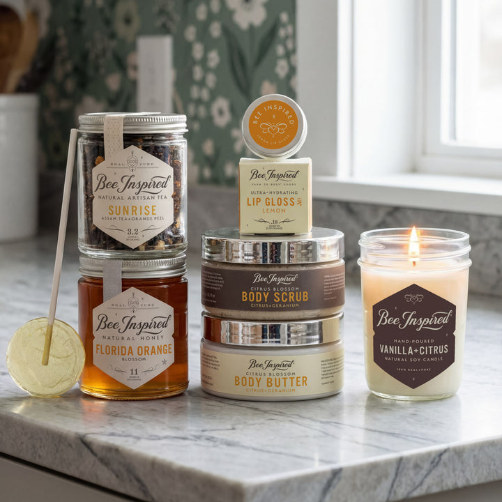 Collection of Bee Inspired products including tea, lip gloss, body scrub, and candle on a marble surface.