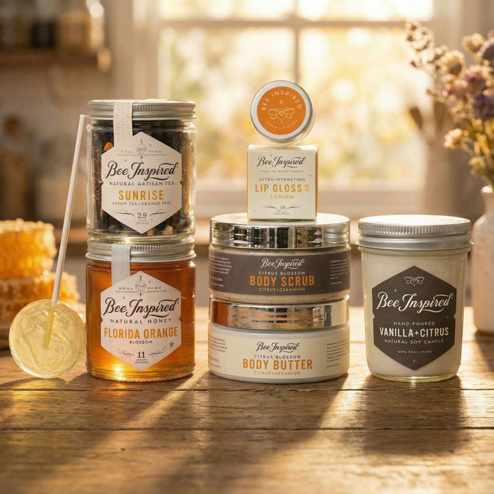 Collection of Bee-Inspired products including tea, lip gloss, body scrub, and body butter on a wooden surface.