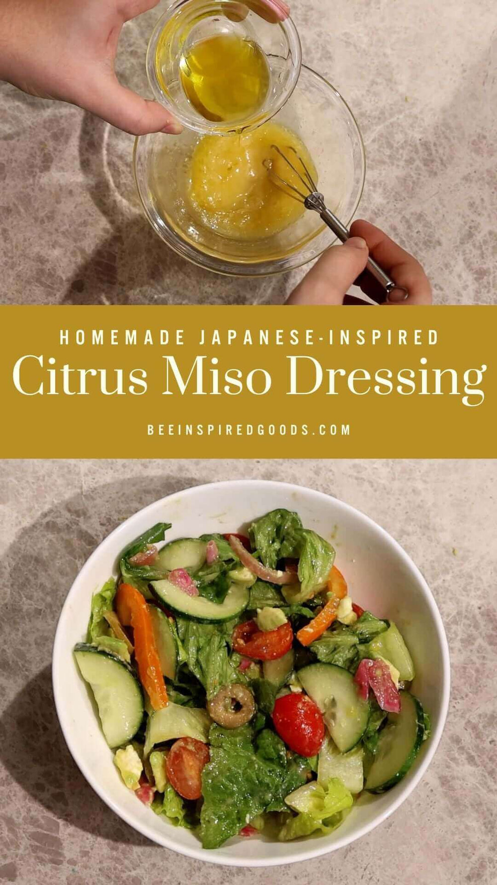 "Homemade Japanese-Inspired Citrus Miso Dressing beeinspiredgoods.com" with miso dressing on a salad