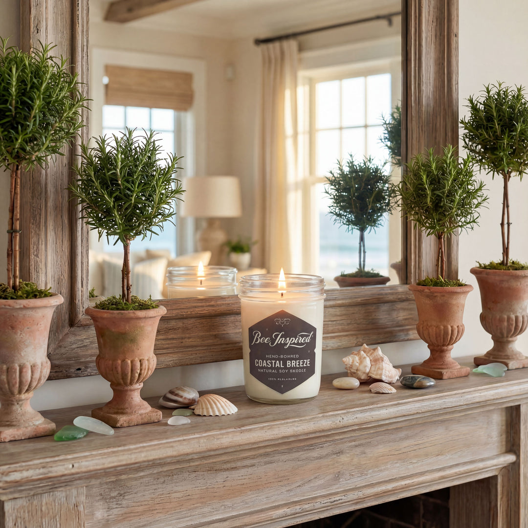 Candle with 'Be Inspired' label on a wooden surface with decorative plants and shells.