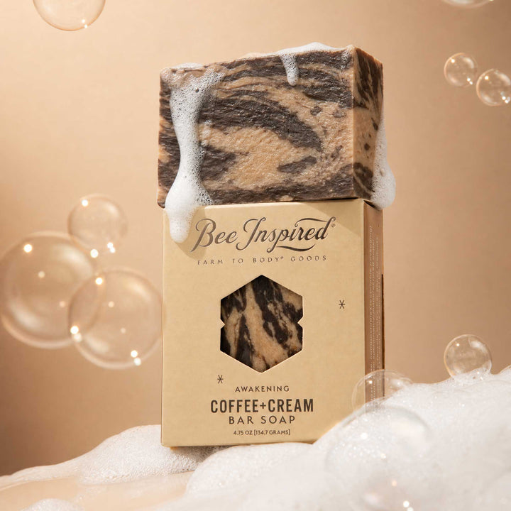 Coffee and cream bar soap with packaging labeled &