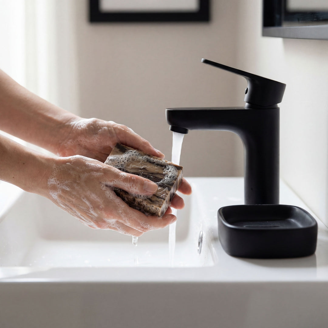 Person washing hands with soap under a black faucet in a bathroom setting.