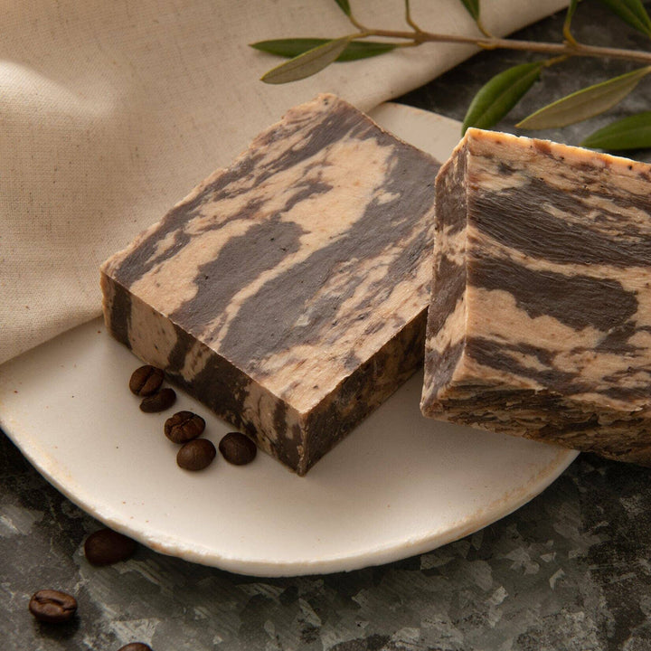 coffee bar soap with beans on plate