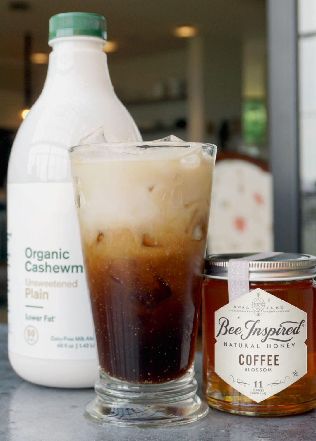 Iced latte made with Coffee honey and cashew milk 