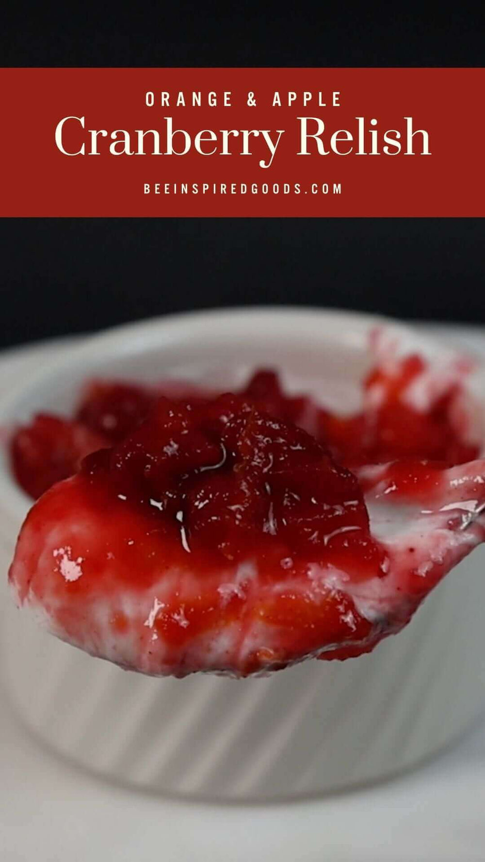 "Orange & Apple Cranberry Relish beeinspiredgoods.com" with a bowl of cranberry relish 
