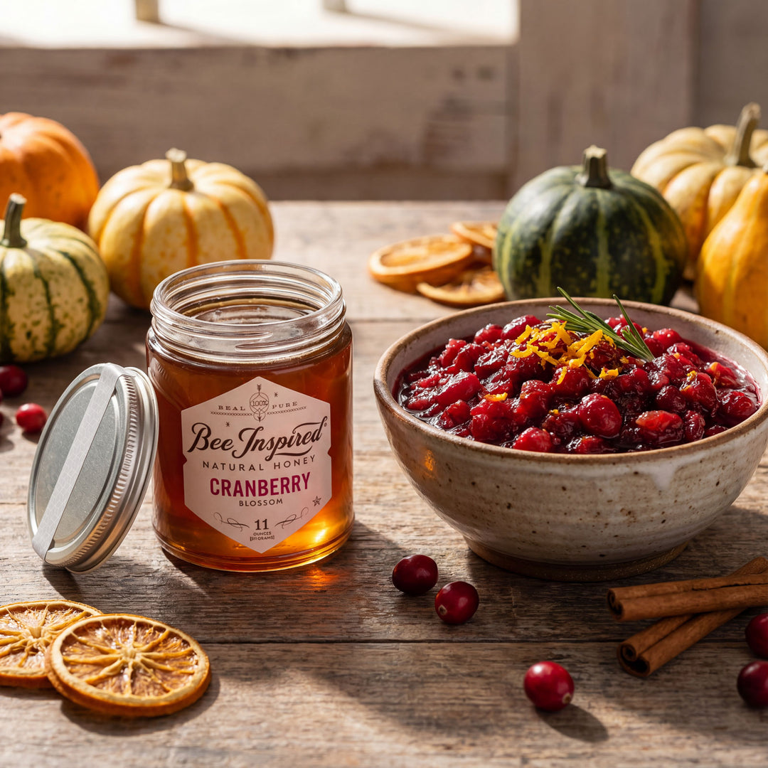 Jar of Bee Inspired cranberry honey on a wooden table with a bowl of cranberry sauce, pumpkins, and oranges.