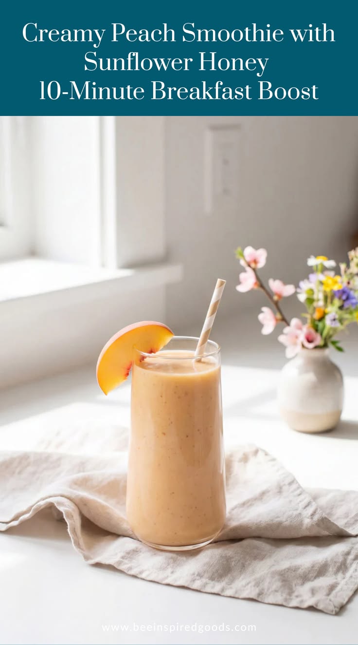 Glass of creamy peach smoothie with sunflower honey on a table with a vase of flowers.