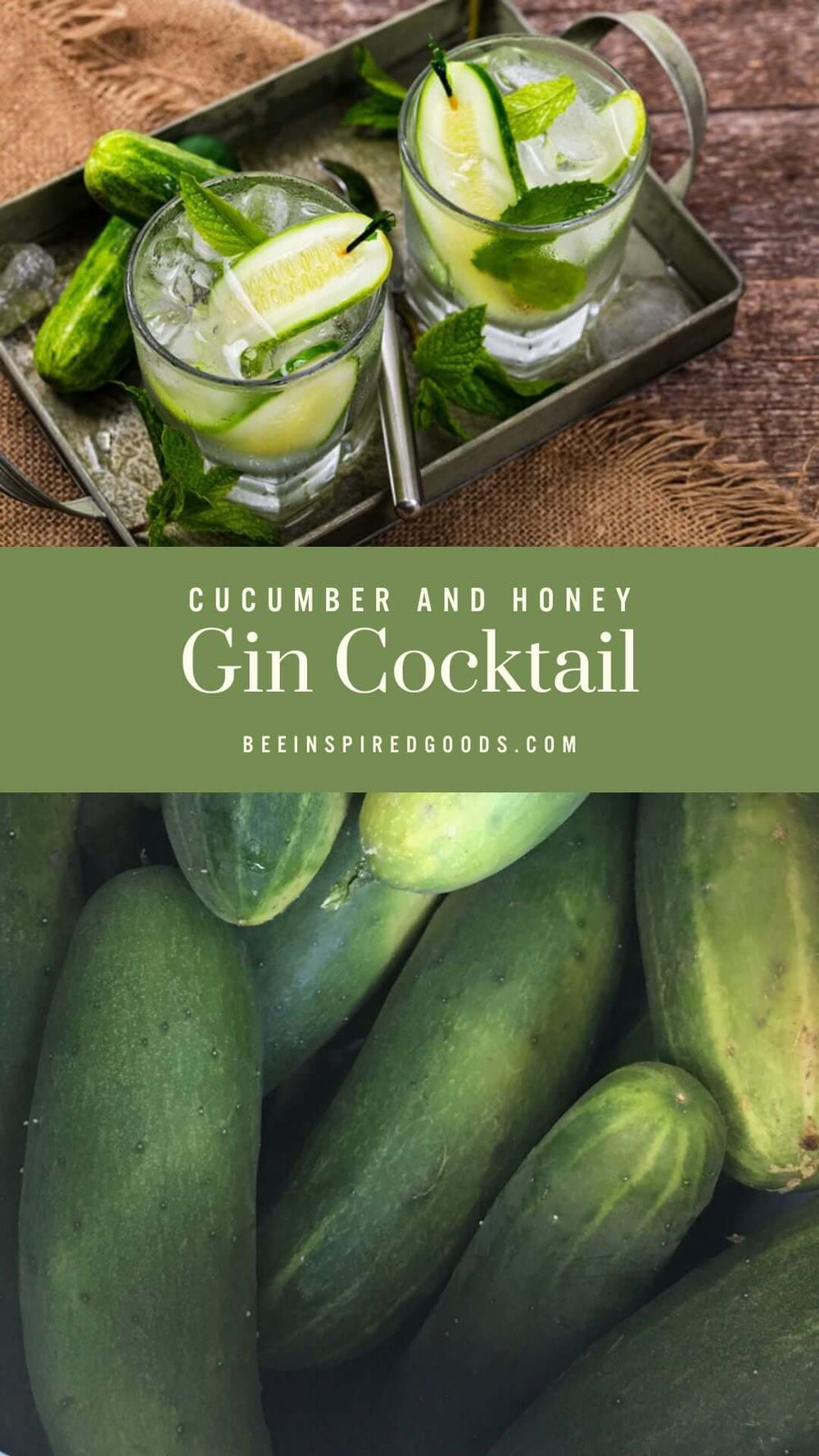 "cucumber and honey gin cocktail" with two cocktail glasses and fresh cucumbers 